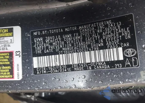 2013 Toyota Corolla Le from USA, damaged, VIN 2T1BU4EE4DC074798